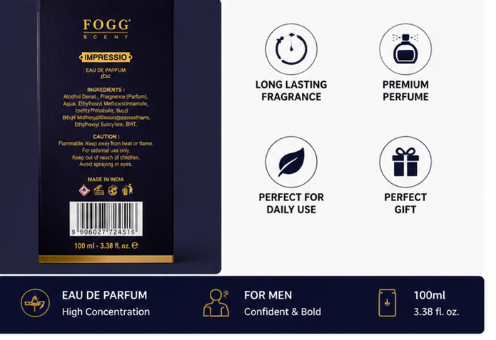 Fogg Scents Impresσιο Eau de Parfum 100ml bottle packaging and product information graphic. The left side shows the dark navy bottle with gold lettering and a barcode.